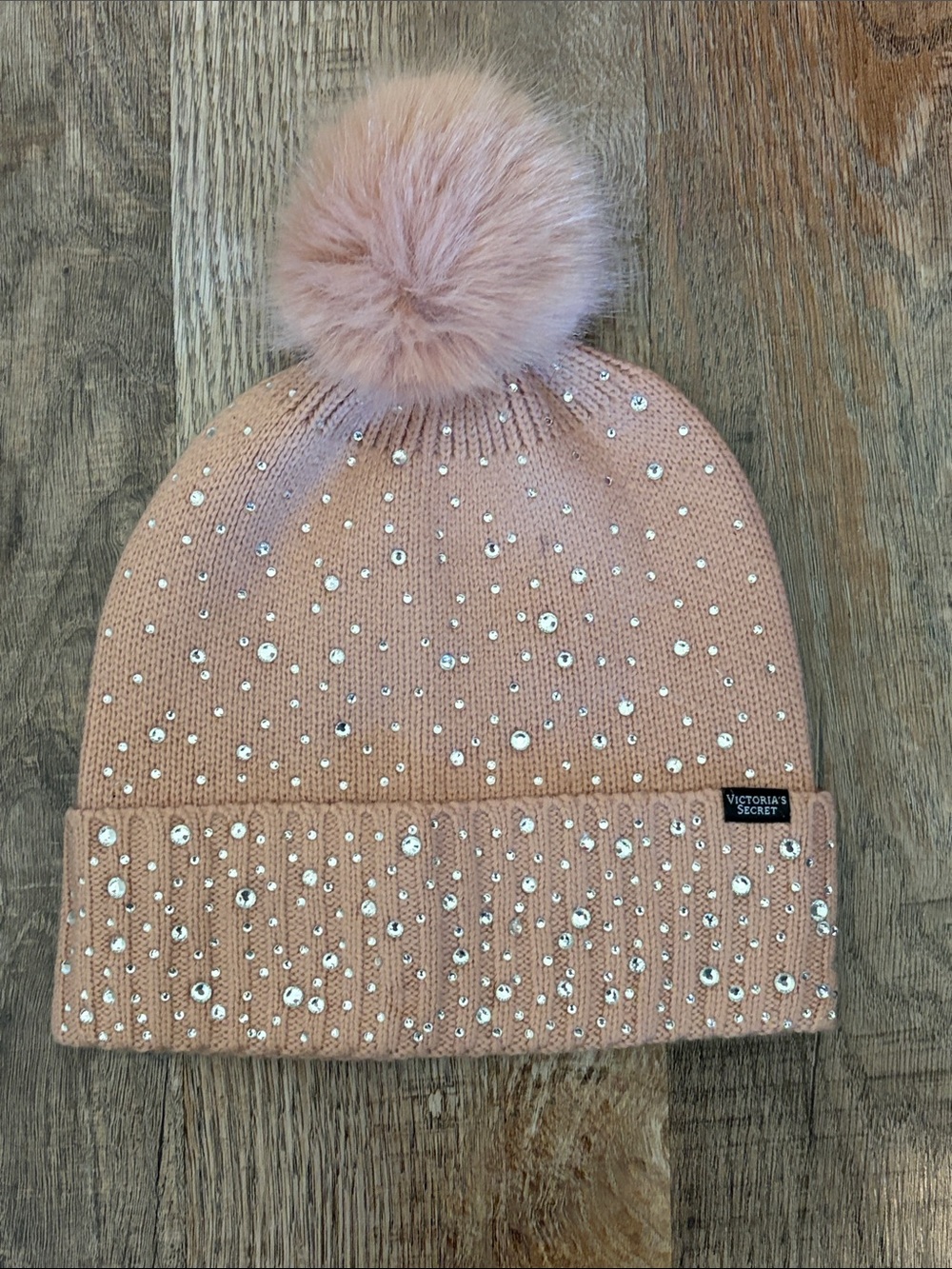 Victoria's Secret Rose Pink Pom Pom Beanie with Rhinestone Accents
